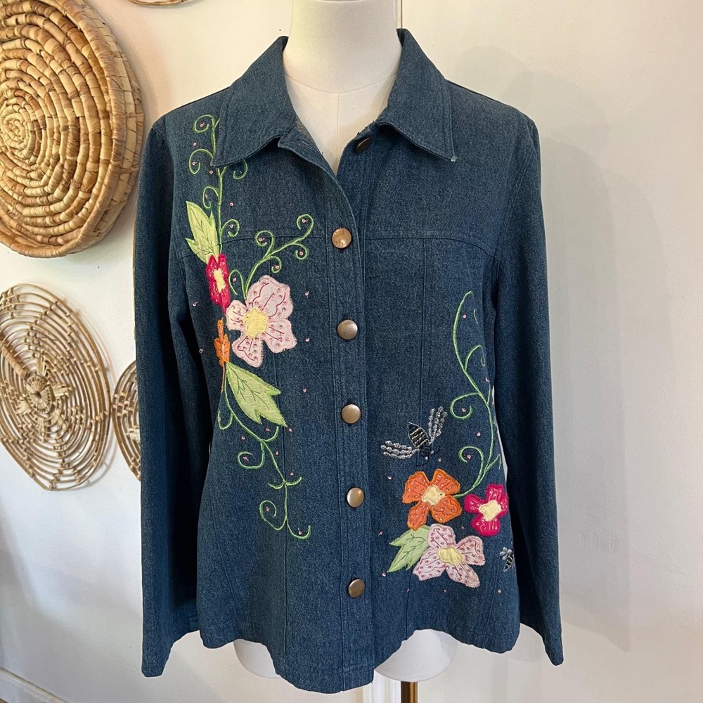 Vintage Embroidered Denim Jacket Floral Bee Boho Cottagecore Cotton M